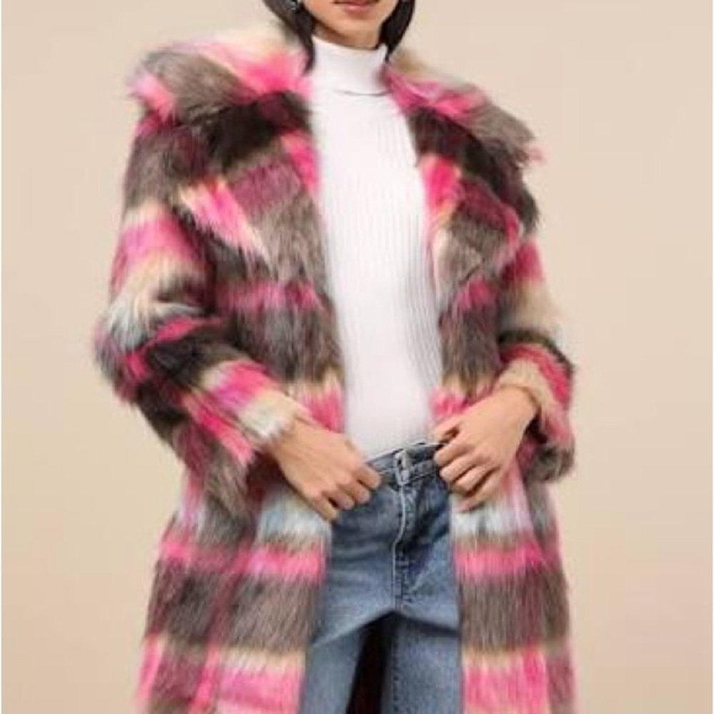 NVLT Plaid Faux-Fur Luxious Coat - Pink and Brown